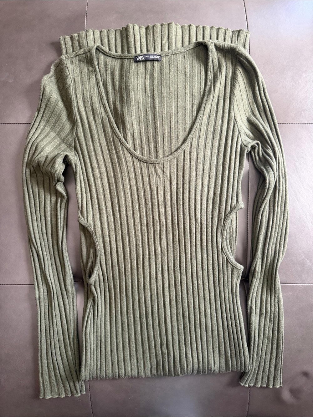 Zara Cut-Out Rib Midi Sweater Dress Olive Green Large
